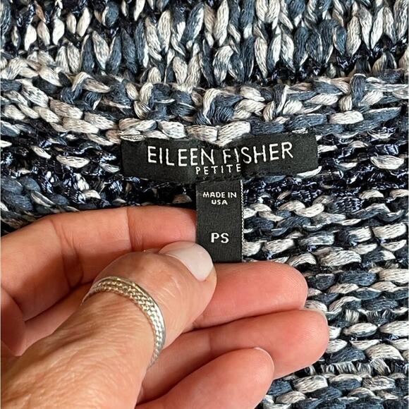 Eileen Fisher Brushstroke Cotton Tape Sweater Blue V-Neckline Size Small Petite - Picture 13 of 13